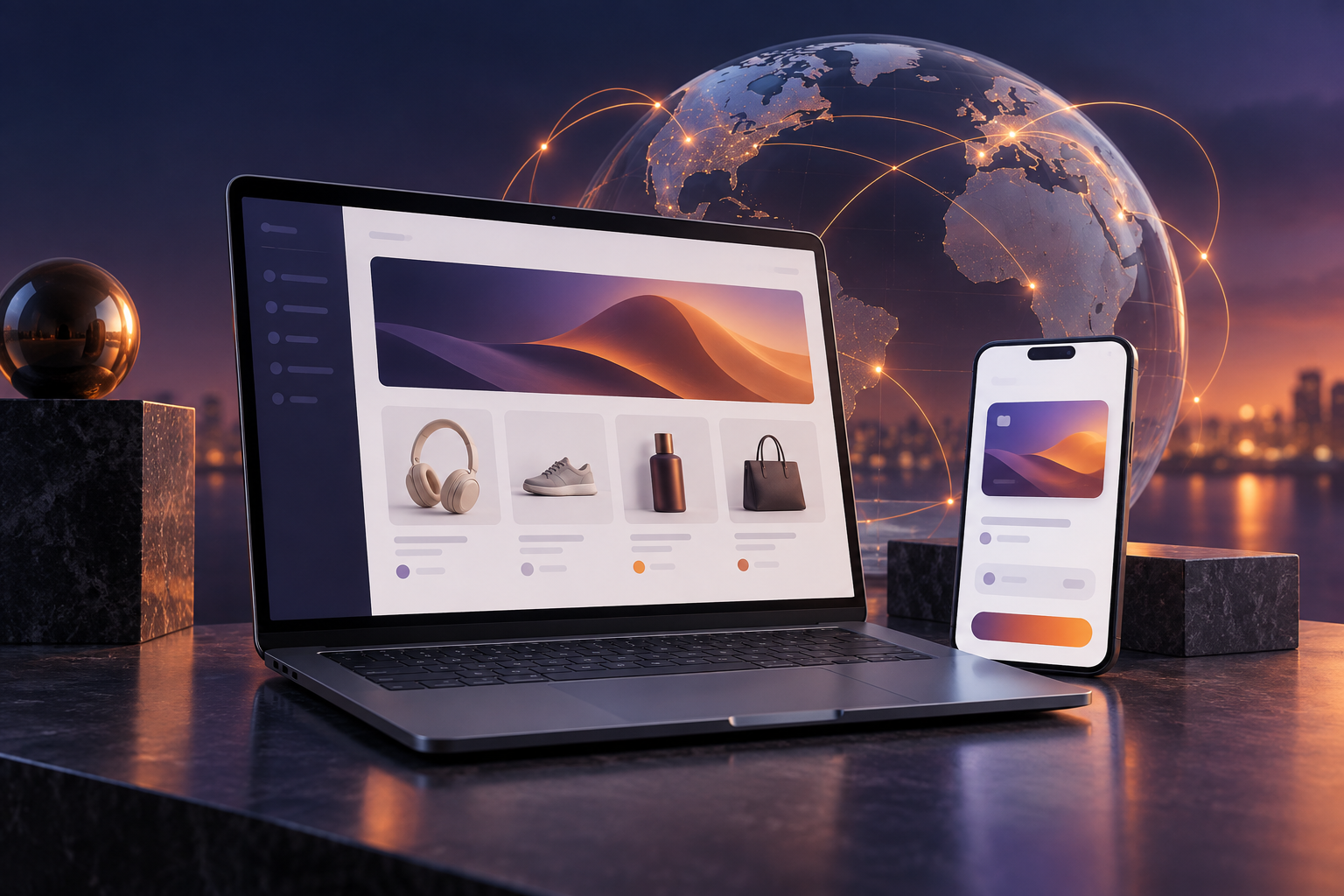 Laptop and smartphone displaying online shopping interfaces beside a connected globe